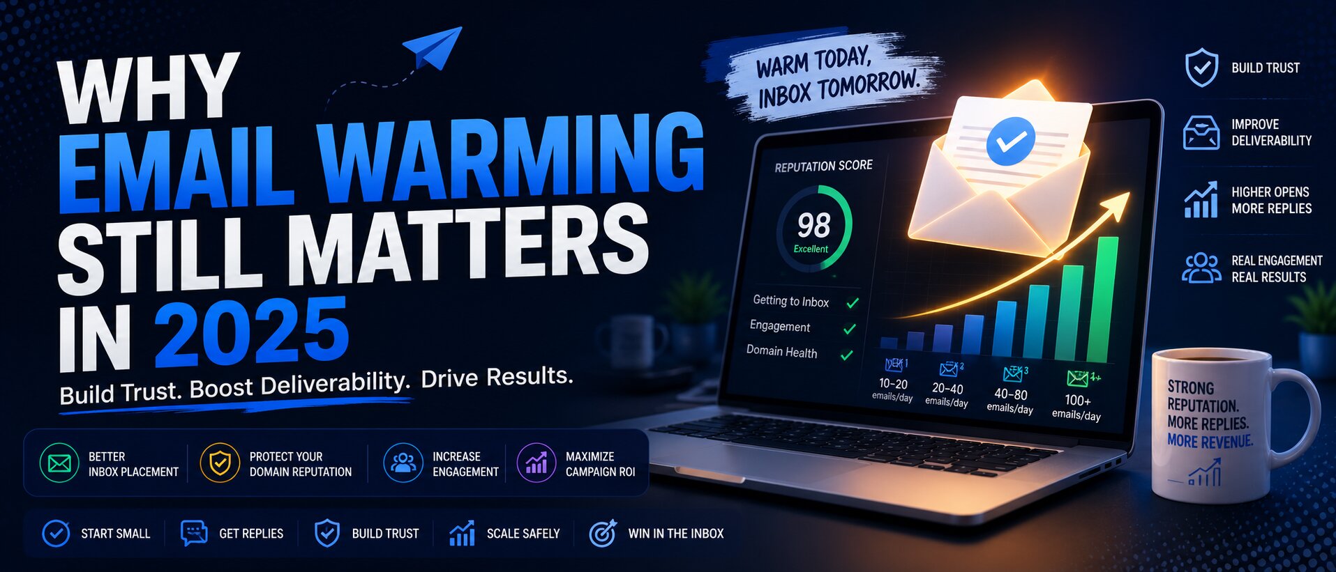 Modern blue-toned 21:9 marketing banner featuring a glowing email envelope, a laptop dashboard with deliverability metrics and reputation score, upward growth charts, and bold typography emphasizing email warming, inbox placement, and engagement in 2025.