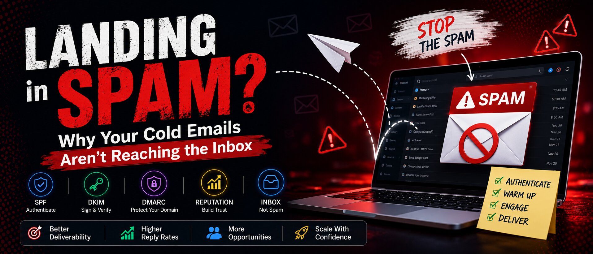 Dark red and black 21:9 hero banner showing a laptop with a large spam warning, bold “LANDING in SPAM?” typography, floating email icons, and visual elements representing SPF, DKIM, DMARC, domain reputation, and deliverability optimization for cold email campaigns.
