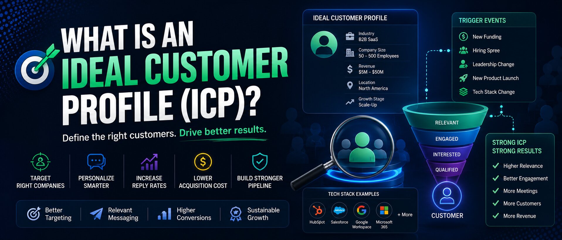 Professional navy and teal 21:9 infographic-style banner illustrating an Ideal Customer Profile (ICP) with a sales funnel, magnifying glass over customer avatars, trigger event panels, technographic icons, and bold headline text focused on lead generation and outbound targeting.